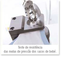 Teste de resistência das molas de pressão dos sacos de bebé.
