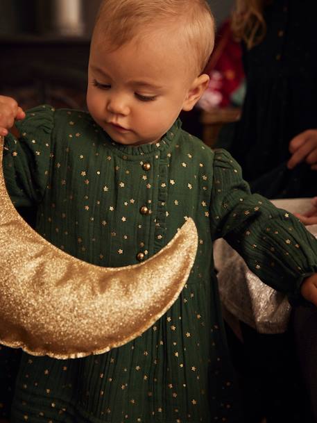 Vestido em gaze de algodão, abertura assimétrica, para bebé VERDE ESCURO ESTAMPADO+VERMELHO ESCURO ESTAMPADO 