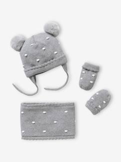 Conjunto com bolas, gorro + gola snood + luvas, para bebé menina Conjunto com bolas, gorro + gola snood + luvas, para bebé menina