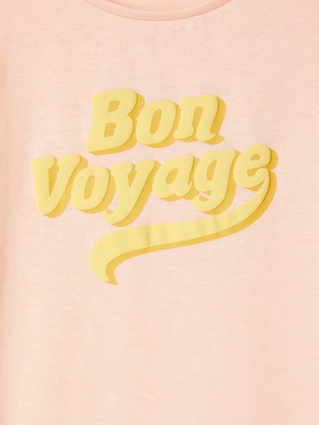 T-shirt com mensagem com impressão em volume, mangas curtas com folho, para menina rosa-pálido 