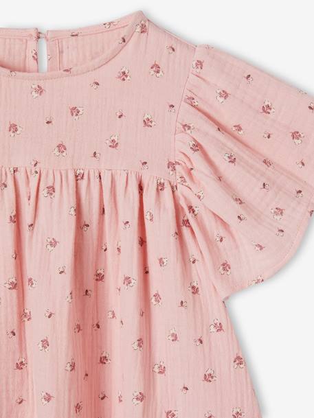 Blusa estampada, mangas borboleta, em gaze de algodão bio, para menina cru+rosa 