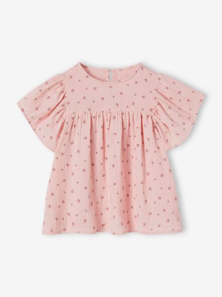 Blusa estampada, mangas borboleta, em gaze de algodão bio, para menina cru+rosa 