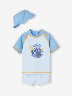 Bebé 0-36 meses-Fatos de banho, acessórios de praia-Conjunto de banho anti UV, com t-shirt + calções + chapéu tipo bob, para bebé menino