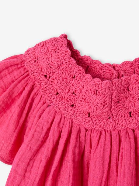 Blusa em gaze de algodão, com gola em crochet, para bebé fúchsia 
