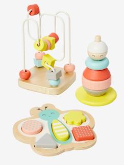 Brinquedos-Primeira idade-Primeiras manipulações-Caixa com 3 jogos de despertar, em madeira FSC®