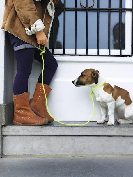 Botas em pele, para menina Camel+Preto 