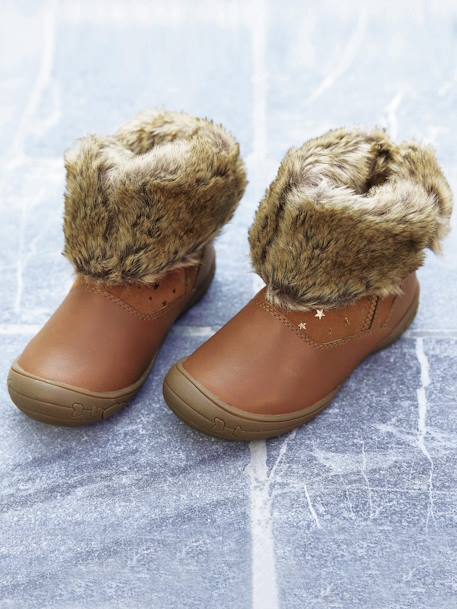 Botas em pele, para menina Camel+Preto 