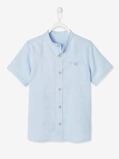 -Camisa de mangas curtas com gola mao, em algodão/linho, para menino
