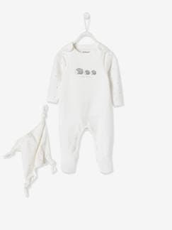 Bebé 0-36 meses-Conjunto macacão + body + boneco doudou, em algodão bio, para recém-nascido