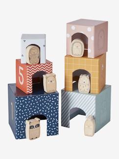 Brinquedos-Primeira idade-Primeiras manipulações-Torre de cubos + animais em madeira