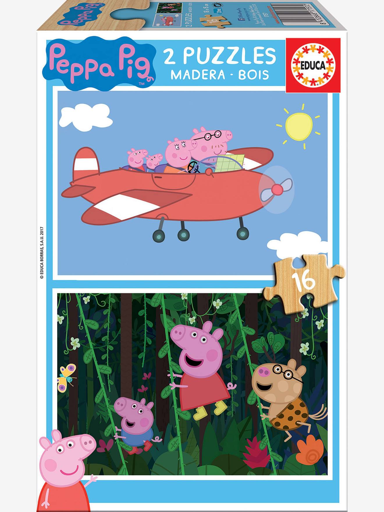 Lote de 2 puzzles em madeira de 16 peças, Porquinha Peppa®, da EDUCA azul medio liso com motivo