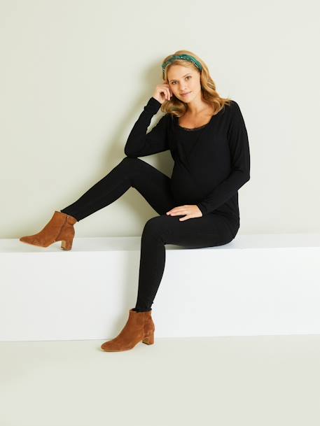 Camisola com renda, especial gravidez e amamentação PRETO ESCURO LISO 