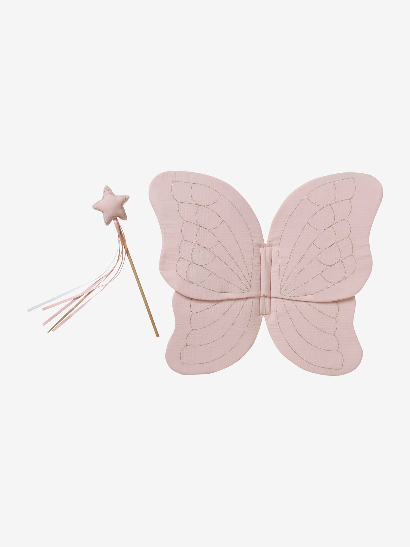 Asas de borboleta em gaze de algodão + varinha mágica rosa medio liso com motivo