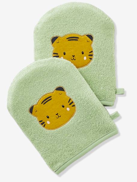 Lote de 2 luvas de banho, Panda Amarelo escuro liso com motivo+VERDE MEDIO LISO COM MOTIVO 