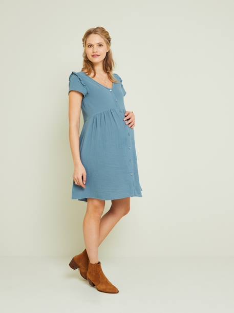 Vestido em gaze de algodão, especial gravidez e amamentação azul-ganga+branco+VERDE MEDIO LISO 