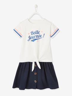 Vestidos e saias-Conjunto t-shirt com detalhes brilhantes e saia em gaze de algodão, para menina