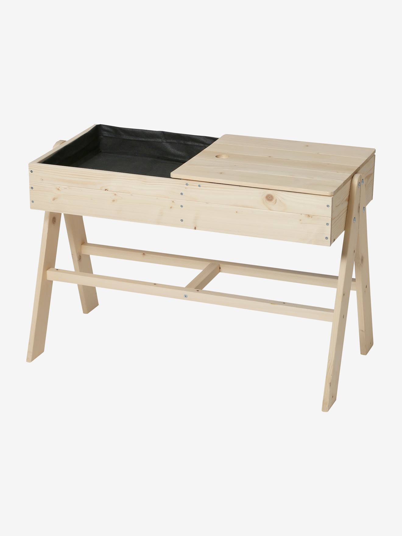 Mesa em madeira com compartimento para areia e água bege medio liso com motivo