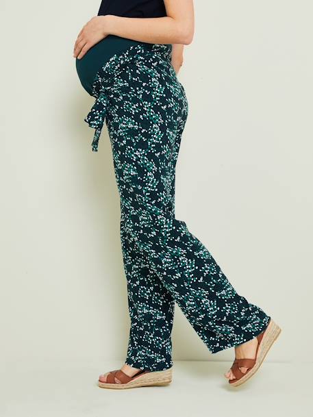 Calças estampadas às flores, em viscose, para grávida ROSA ESCURO ESTAMPADO+VERDE ESCURO ESTAMPADO 
