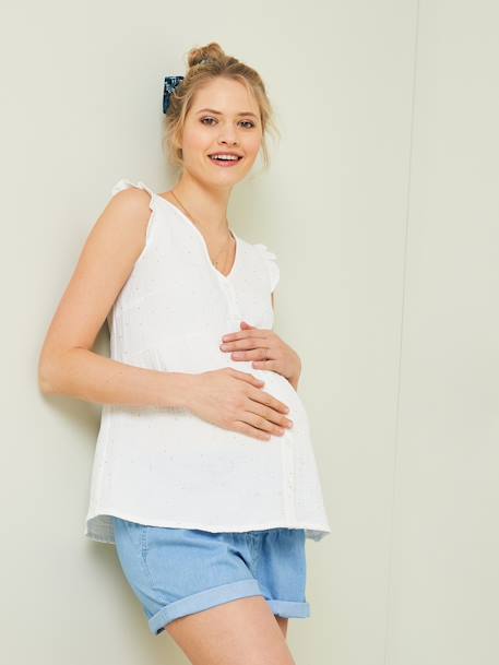 Blusa em gaze de algodão, especial gravidez e amamentação BRANCO CLARO ESTAMPADO+VERDE MEDIO LISO COM MOTIVO 