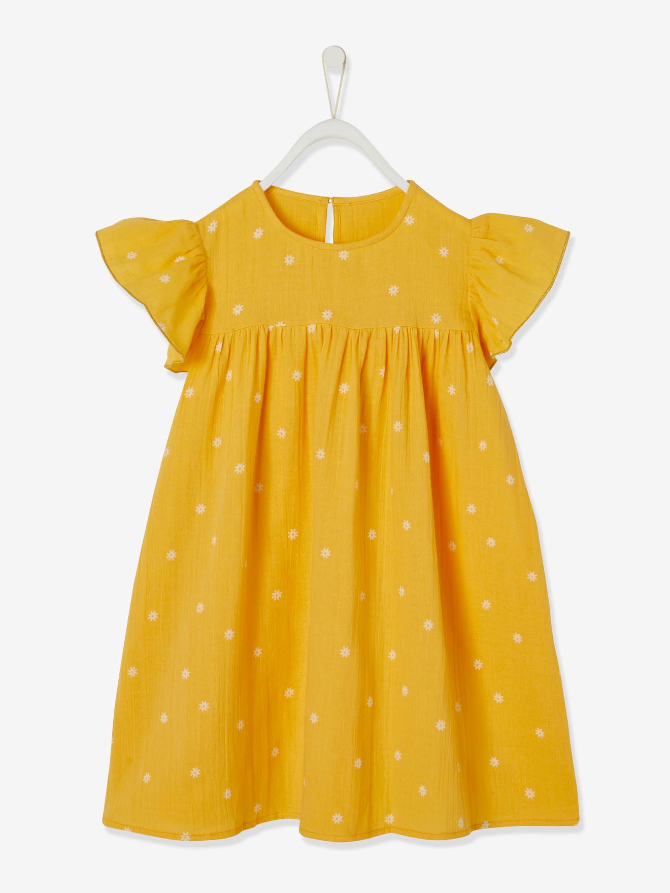 Vestido estampado com mangas borboleta, em gaze de algodão, para menina amarelo escuro estampado