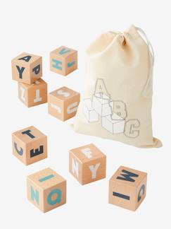 Brinquedos-Jogos educativos- Ler, escrever, contar e ver as horas-10 cubos grandes com letras, em madeira FSC®