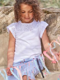 Essenciais de Verão-T-shirt com bordado inglês e mangas com folhos, para menina