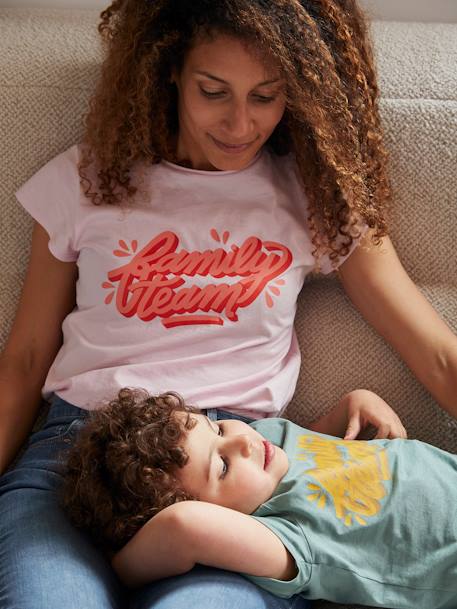 T-shirt Family team, coleção cápsula da Vertbaudet e da Studio Jonesie, em algodão bio ROSA CLARO LISO COM MOTIVO 