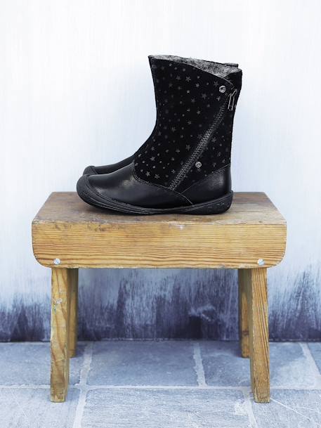 Botas em pele, para menina Camel+Preto 