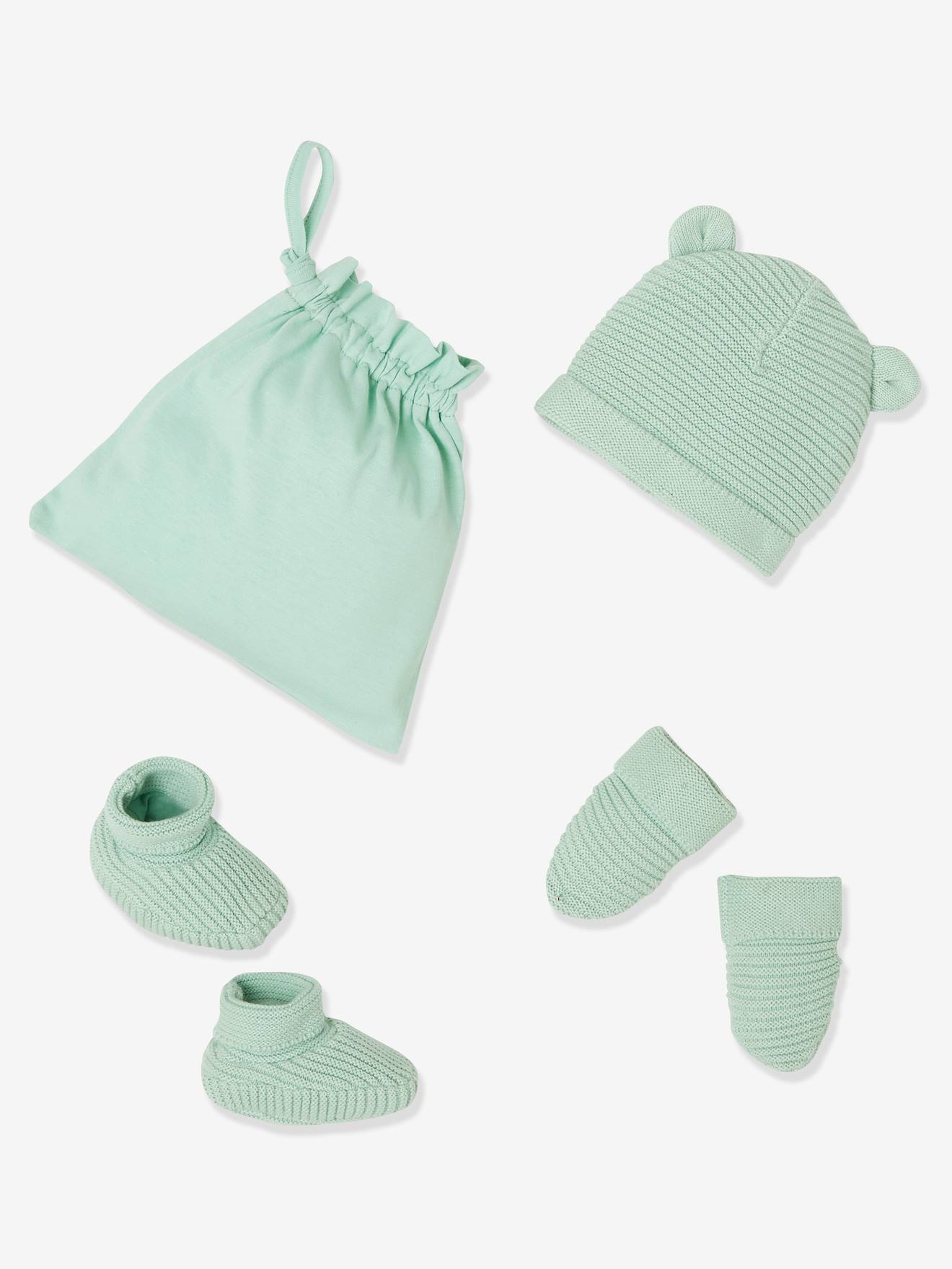 Conjunto gorro, luvas e sapatinhos, bolsa a condizer, Oeko-Tex®, para recém-nascido verde claro liso