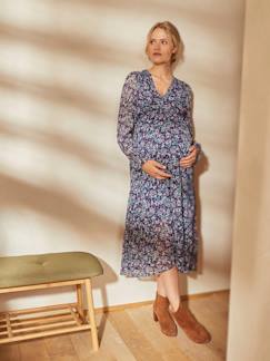 Roupa grávida-Amamentação-Vestido comprido em crepe estampado, especial gravidez e amamentação