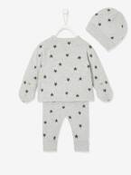 Conjunto de 3 peças para bebé: camisola + calças  + gorro + luvas sem dedos CINZENTO MEDIO ESTAMPADO+ROSA CLARO ESTAMPADO 
