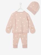 Conjunto de 3 peças para bebé: camisola + calças  + gorro + luvas sem dedos CINZENTO MEDIO ESTAMPADO+ROSA CLARO ESTAMPADO 