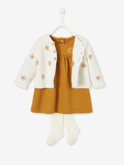 Bebé 0-36 meses-Conjunto casaco bordado + vestido em moletão + collants, para bebé