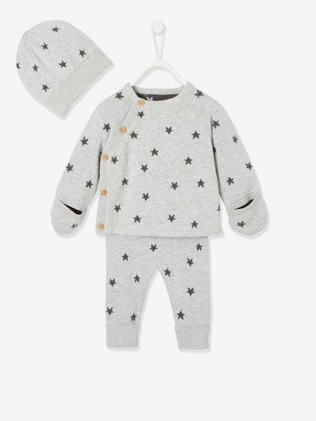 Conjunto de 3 peças para bebé: camisola + calças  + gorro + luvas sem dedos CINZENTO MEDIO ESTAMPADO+ROSA CLARO ESTAMPADO 