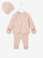 Conjunto de 3 peças para bebé: camisola + calças  + gorro + luvas sem dedos CINZENTO MEDIO ESTAMPADO+ROSA CLARO ESTAMPADO 