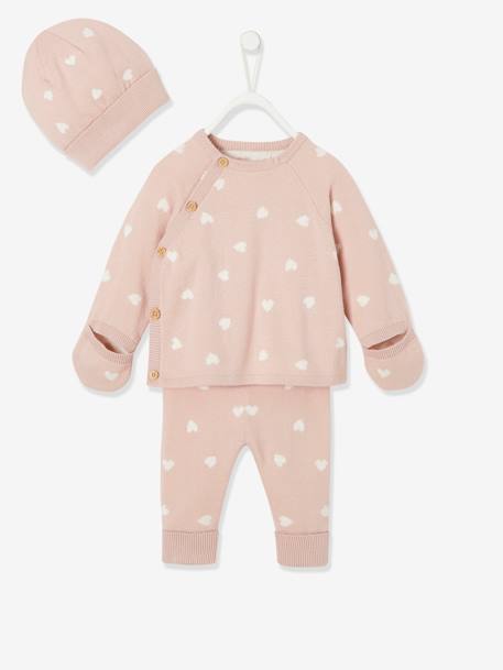 Conjunto de 3 peças para bebé: camisola + calças  + gorro + luvas sem dedos CINZENTO MEDIO ESTAMPADO+ROSA CLARO ESTAMPADO 