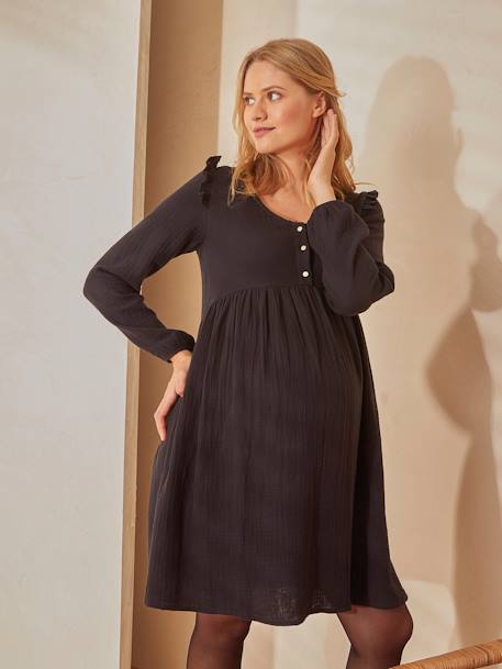Vestido curto em gaze de algodão, especial gravidez e amamentação CASTANHO MEDIO ESTAMPADO+PRETO ESCURO LISO 