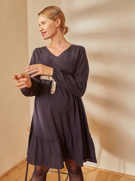 Vestido curto, decote em V, especial gravidez e amamentação PRETO ESCURO LISO 