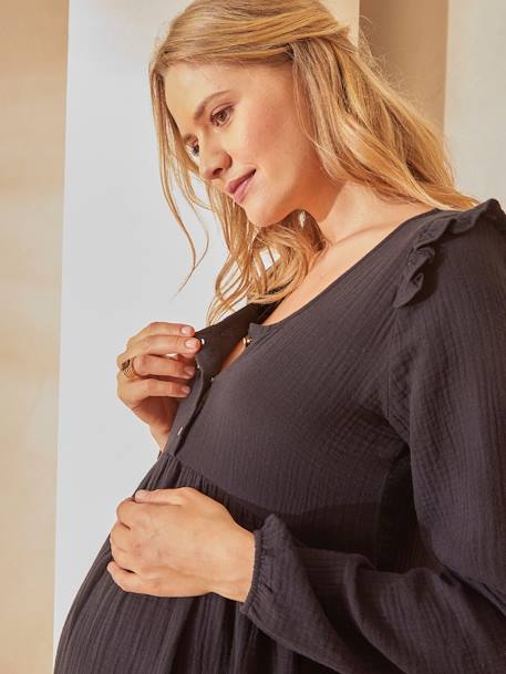 Vestido curto em gaze de algodão, especial gravidez e amamentação CASTANHO MEDIO ESTAMPADO+PRETO ESCURO LISO 