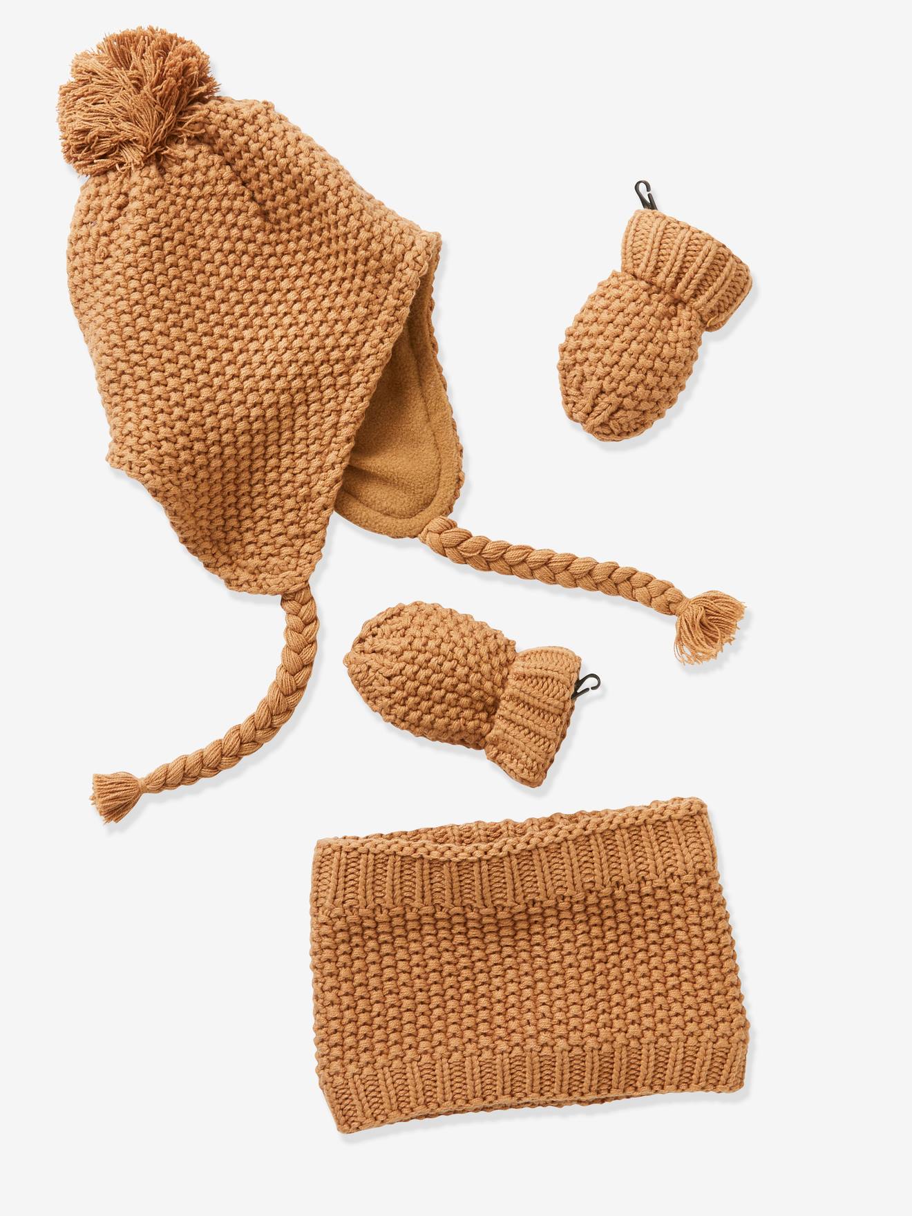 Conjunto gorro + gola snood + luvas para bebé menina, Oeko Tex® castanho claro liso