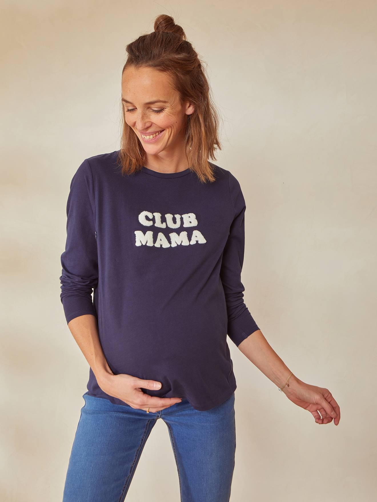 Camisola em algodão bio com mensagem, especial gravidez e amamentação azul escuro liso