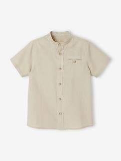 Menino 2-14 anos-Camisa de mangas curtas com gola mao, em algodão/linho, para menino