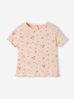 -T-shirt às flores, em malha canelada, para bebé