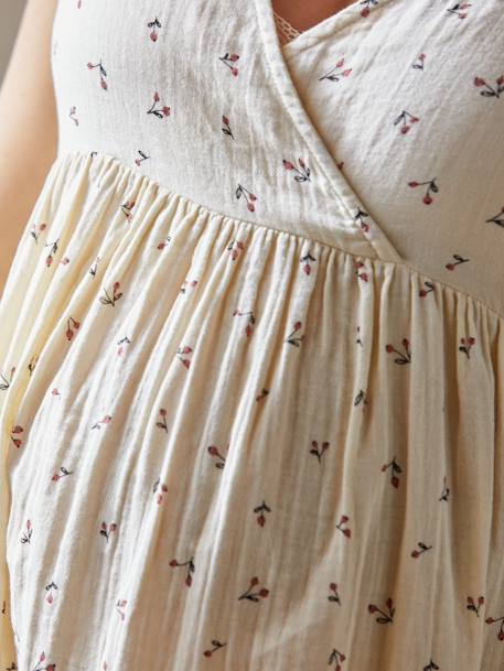 Vestido curto em gaze de algodão, especial gravidez e amamentação BEGE CLARO ESTAMPADO+ROSA CLARO LISO 