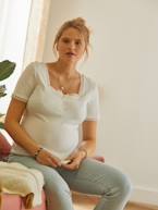 T-shirt em malha canelada, especial gravidez e amamentação BRANCO CLARO LISO 