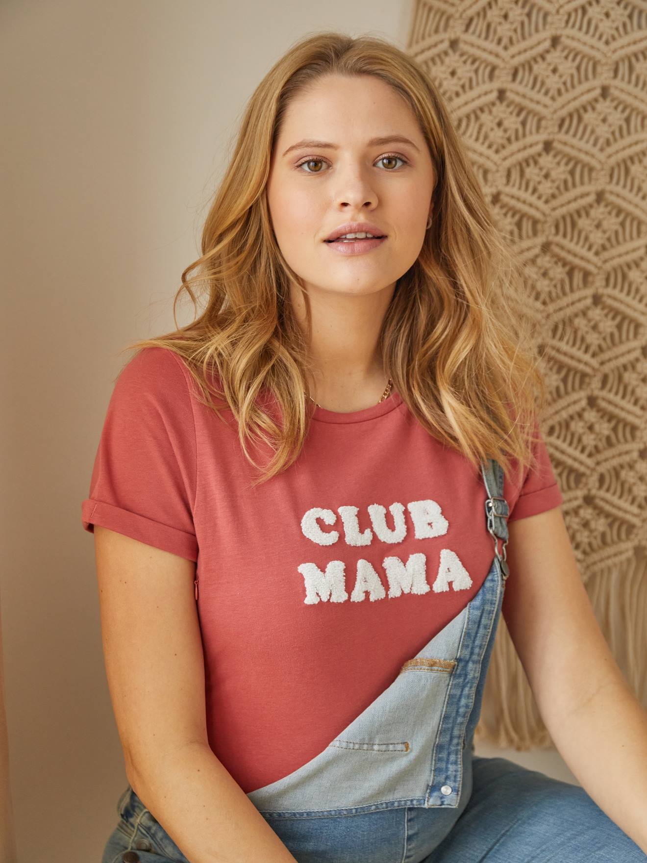 T-shirt com mensagem, em algodão bio, especial gravidez e amamentação castanho claro liso