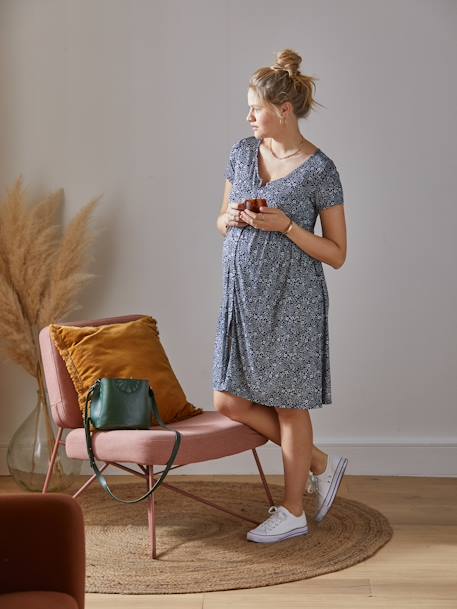 Vestido fluido e evolutivo, especial gravidez e amamentação AZUL ESCURO ESTAMPADO+CASTANHO CLARO ESTAMPADO+PRETO ESCURO LISO 