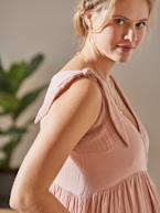 Vestido curto em gaze de algodão, especial gravidez e amamentação BEGE CLARO ESTAMPADO+ROSA CLARO LISO 