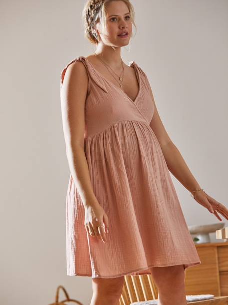 Vestido curto em gaze de algodão, especial gravidez e amamentação BEGE CLARO ESTAMPADO+ROSA CLARO LISO 
