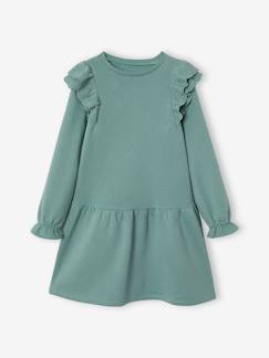 Vestido em moletão, folhos em bordado inglês, para menina